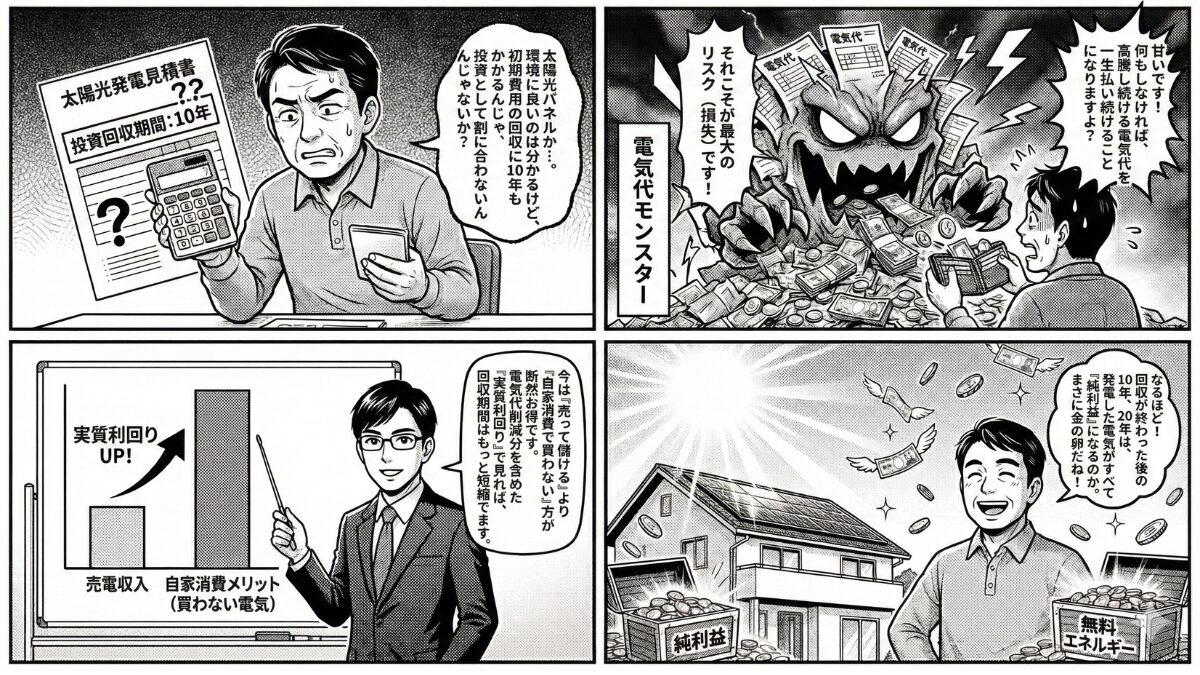 SDGsと太陽光パネル投資の実質的な回収期間をマンガで徹底解説