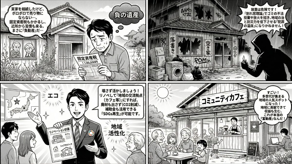 SDGs視点で考える空き家再生プロジェクトの社会的メリットをマンガで解説
