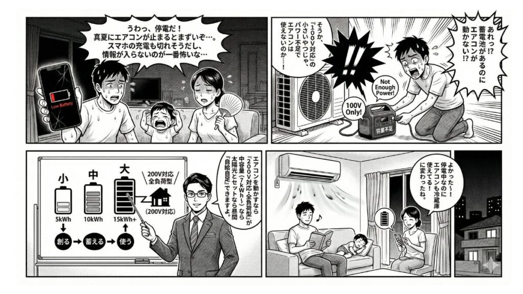 12_停電時にエアコンは何時間つく？蓄電池の容量別シミュレーションをマンガで解説