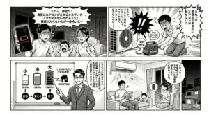 12_停電時にエアコンは何時間つく？蓄電池の容量別シミュレーションをマンガで解説
