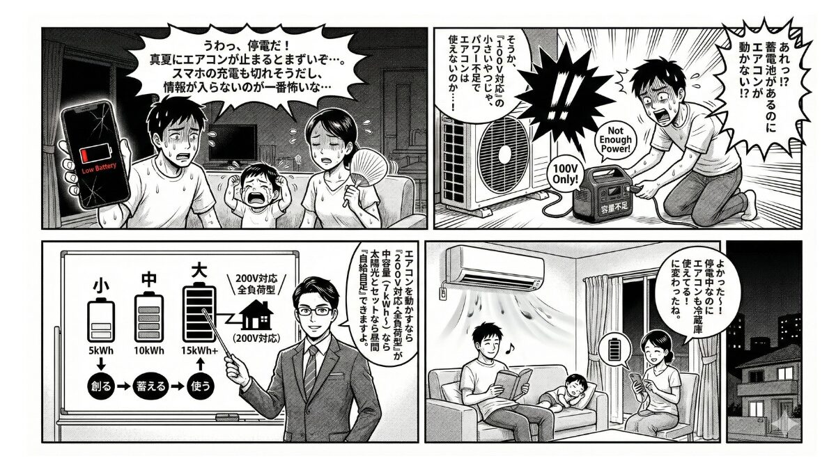 12_停電時にエアコンは何時間つく？蓄電池の容量別シミュレーションをマンガで解説